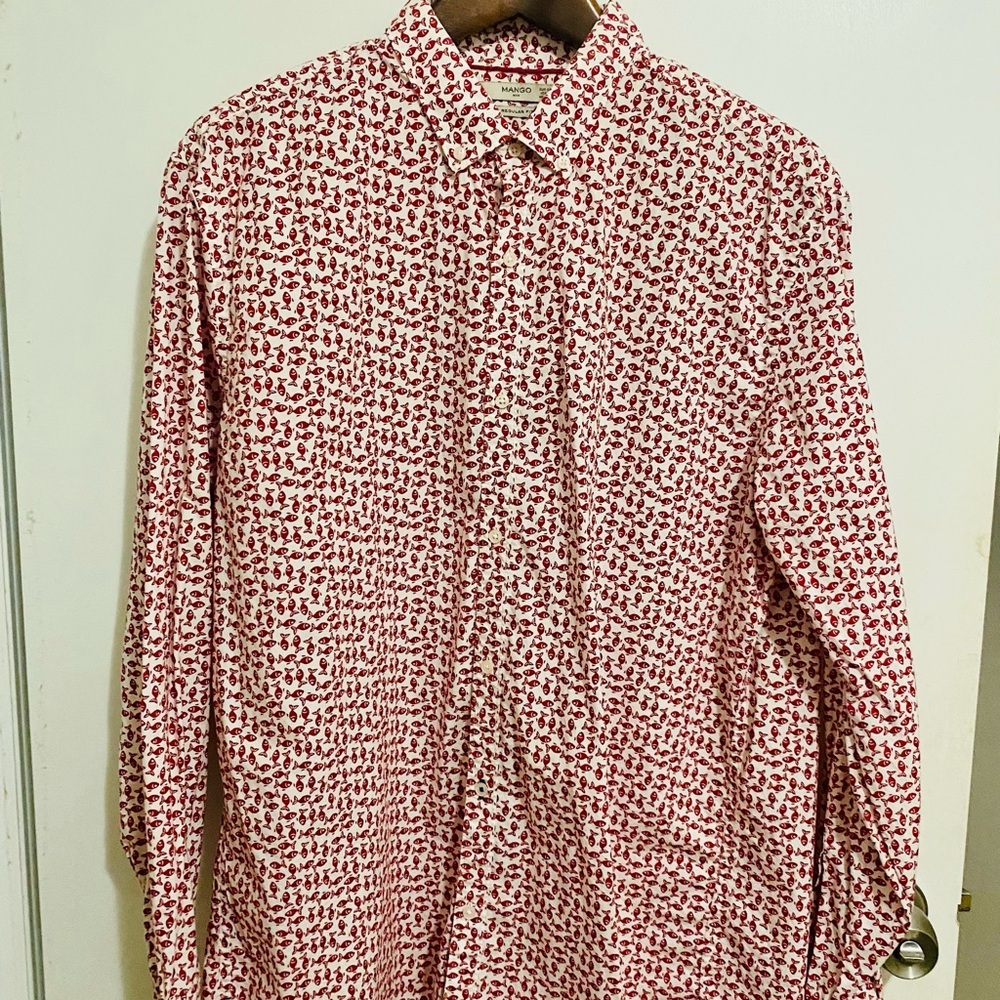 MANGO MAN Regular Fit Red Fish Print 🐟 Button Down Men’s XXL Shirt